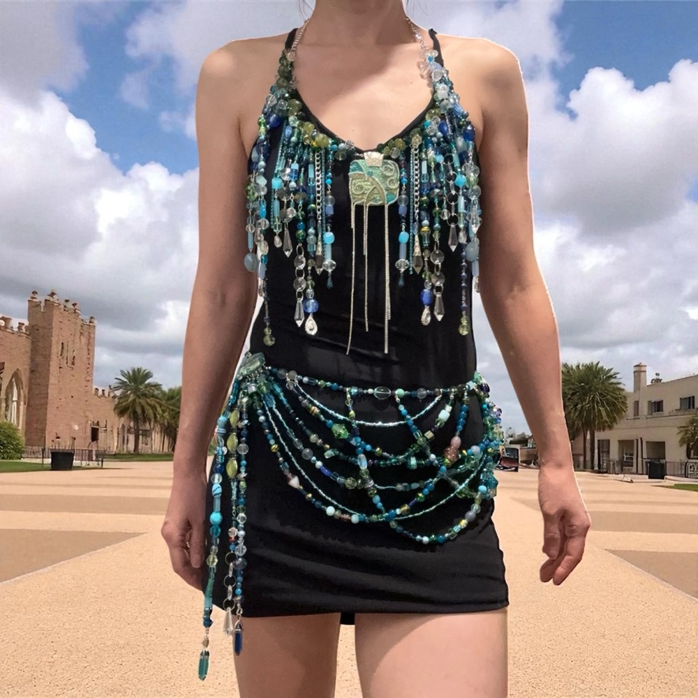 One-of-a-Kind Beaded Halter Top & Skirt Belt – Festival, Stage, Halloween
